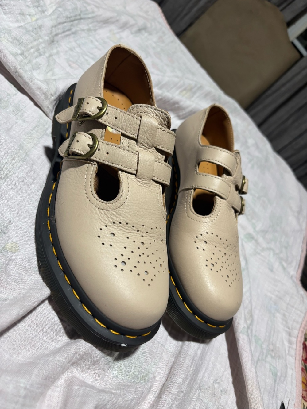 Dr. Martens Mary Jane  Cream T-Bar Double Buckle Shoes - Picture 2 of 11